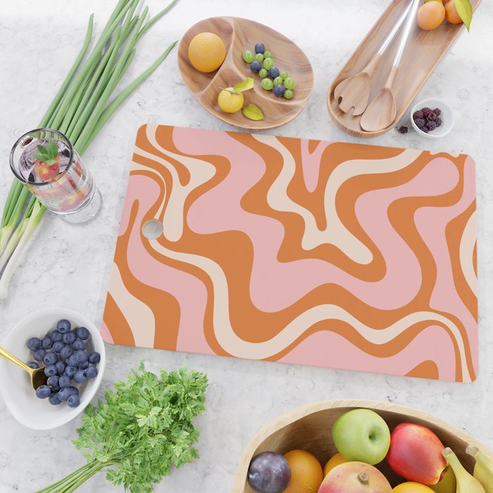 Liquid Swirl Retro Abstract Pattern in Orange Pink Cream Cutting Board Gallery Image 2