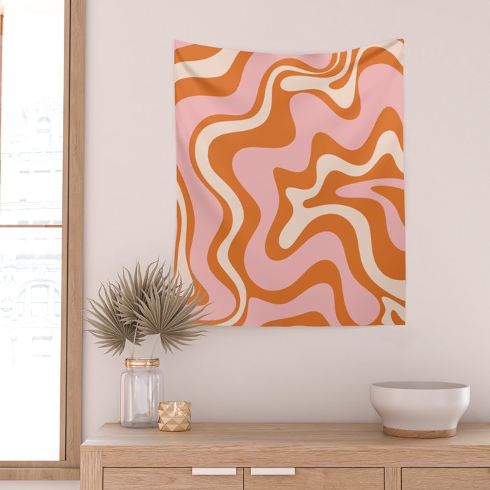 Liquid Swirl Retro Abstract Pattern in Orange Pink Cream Wall Tapestry Gallery Image 2