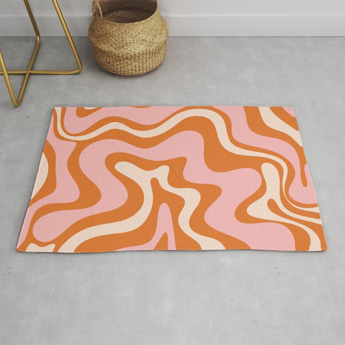 Liquid Swirl Retro Abstract Pattern in Orange Pink Cream Rug Gallery Image 1