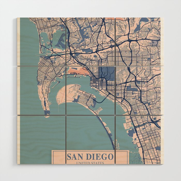 San diego vintage city map Wood Wall Art Gallery Image 1