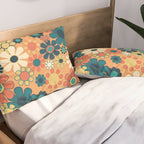 Pretty Groovy Retro Garden 60s 70s Aesthetic Floral Pattern in 1970s Orange Teal Blue and Yellow Pillow Sham Gallery Image 2