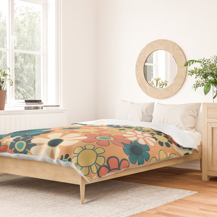 Pretty Groovy Retro Garden 60s 70s Aesthetic Floral Pattern in 1970s Orange Teal Blue and Yellow Duvet Cover Gallery Image 2