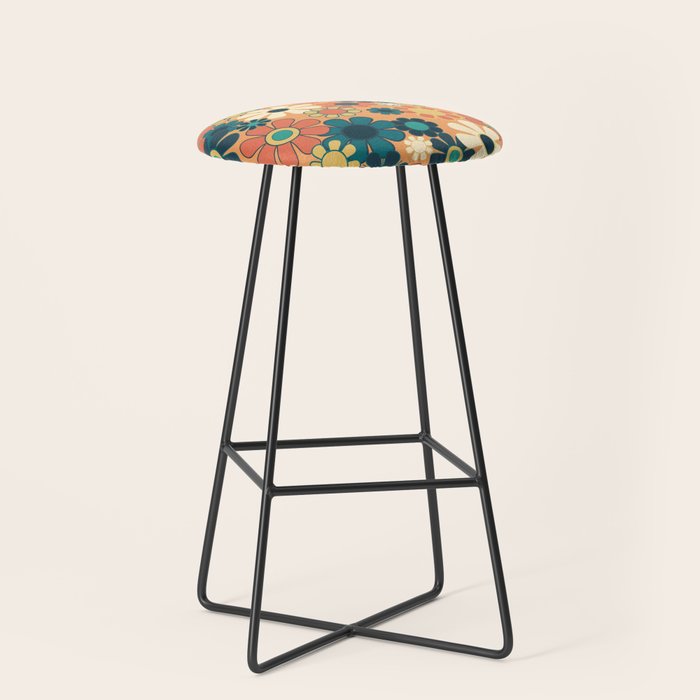 Pretty Groovy Retro Garden 60s 70s Aesthetic Floral Pattern in 1970s Orange Teal Blue and Yellow Stool Gallery Image 1