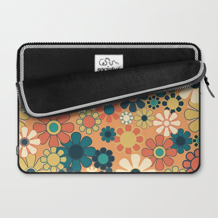 Pretty Groovy Retro Garden 60s 70s Aesthetic Floral Pattern in 1970s Orange Teal Blue and Yellow Laptop Sleeve Gallery Image 2
