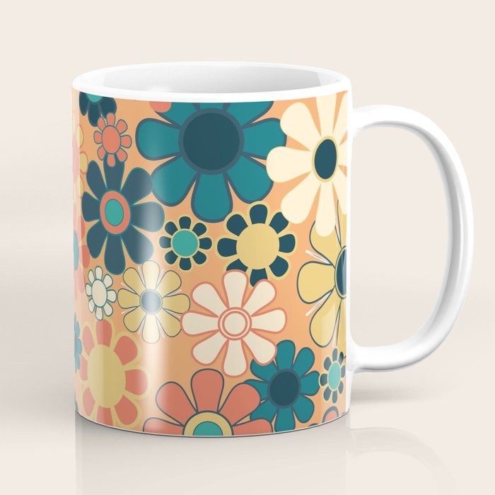Pretty Groovy Retro Garden 60s 70s Aesthetic Floral Pattern in 1970s Orange Teal Blue and Yellow Coffee Mug Gallery Image 1