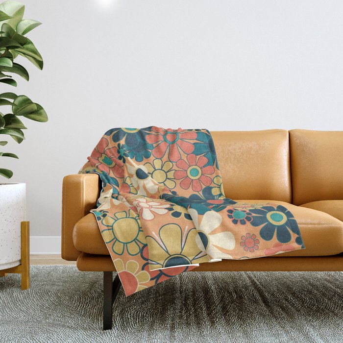 Pretty Groovy Retro Garden 60s 70s Aesthetic Floral Pattern in 1970s Orange Teal Blue and Yellow Throw Blanket Gallery Image 1