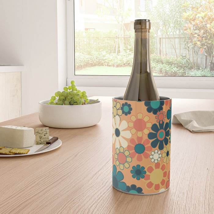 Pretty Groovy Retro Garden 60s 70s Aesthetic Floral Pattern in 1970s Orange Teal Blue and Yellow Wine Chiller Gallery Image 4