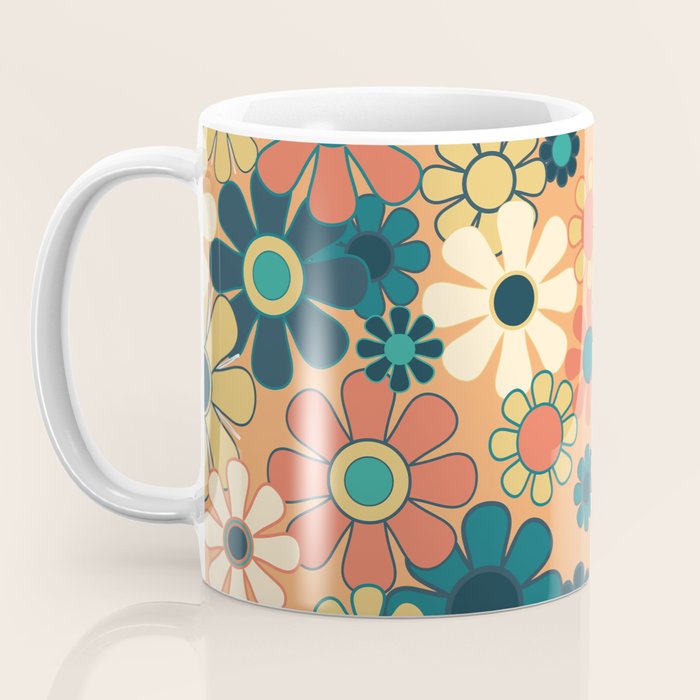 Pretty Groovy Retro Garden 60s 70s Aesthetic Floral Pattern in 1970s Orange Teal Blue and Yellow Coffee Mug Gallery Image 3