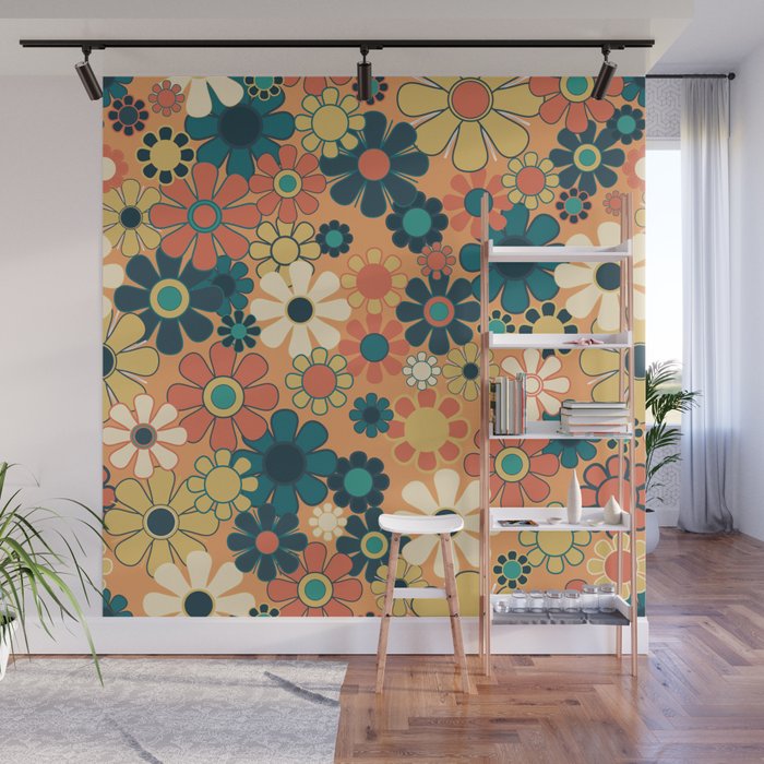 Pretty Groovy Retro Garden 60s 70s Aesthetic Floral Pattern in 1970s Orange Teal Blue and Yellow Wall Mural Gallery Image 1