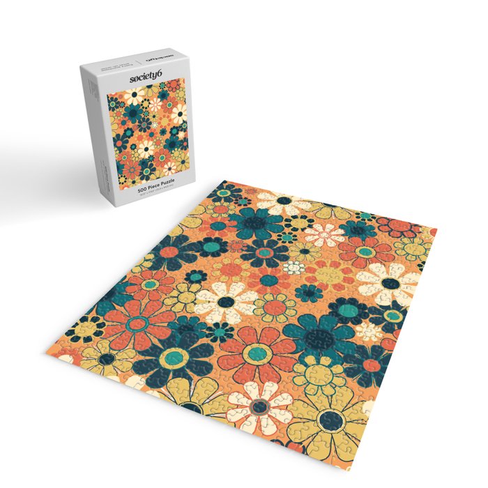 Pretty Groovy Retro Garden 60s 70s Aesthetic Floral Pattern in 1970s Orange Teal Blue and Yellow Jigsaw Puzzle Gallery Image 2