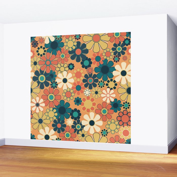 Pretty Groovy Retro Garden 60s 70s Aesthetic Floral Pattern in 1970s Orange Teal Blue and Yellow Wall Mural Gallery Image 2