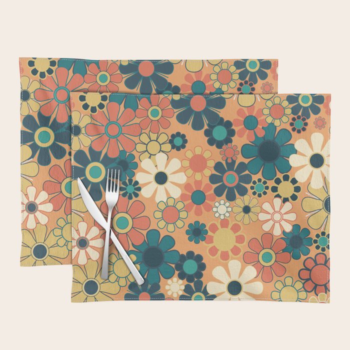 Pretty Groovy Retro Garden 60s 70s Aesthetic Floral Pattern in 1970s Orange Teal Blue and Yellow Placemat Gallery Image 1