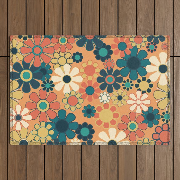 Pretty Groovy Retro Garden 60s 70s Aesthetic Floral Pattern in 1970s Orange Teal Blue and Yellow Outdoor Rug Gallery Image 1