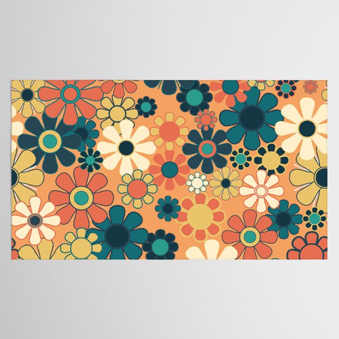 Pretty Groovy Retro Garden 60s 70s Aesthetic Floral Pattern in 1970s Orange Teal Blue and Yellow Tablecloth Gallery Image 2