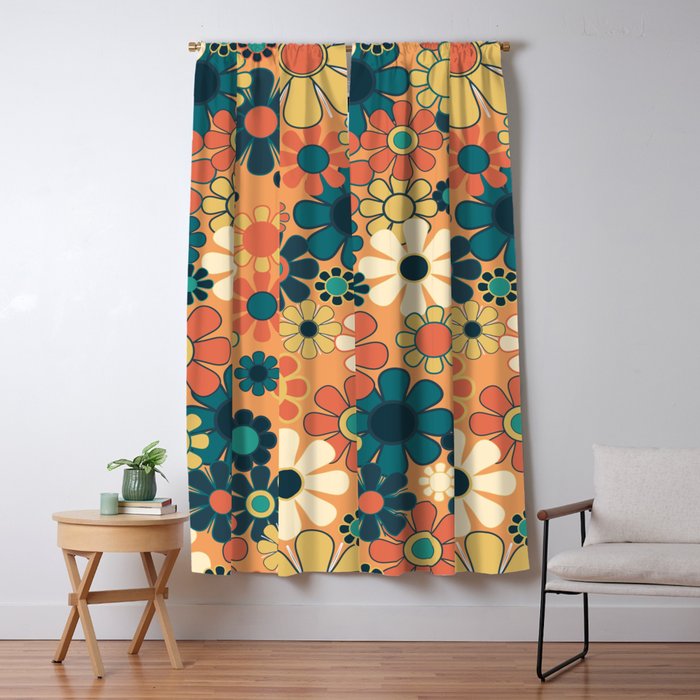 Pretty Groovy Retro Garden 60s 70s Aesthetic Floral Pattern in 1970s Orange Teal Blue and Yellow Window Curtain Gallery Image 1