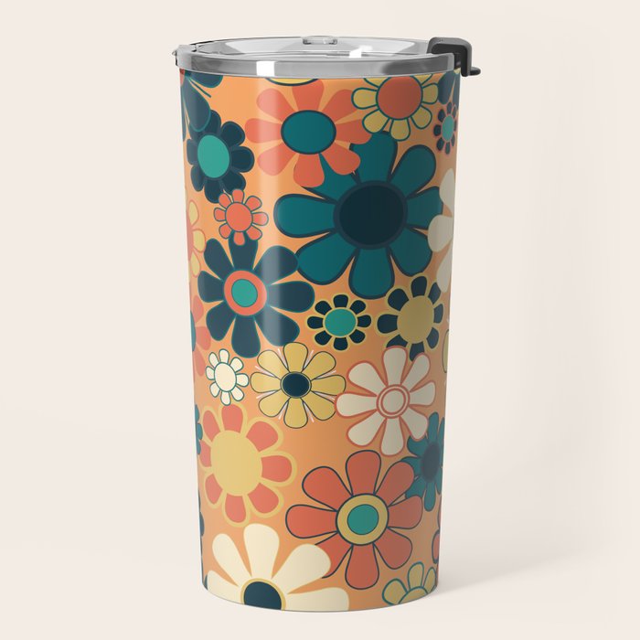 Pretty Groovy Retro Garden 60s 70s Aesthetic Floral Pattern in 1970s Orange Teal Blue and Yellow Travel Mug Gallery Image 2