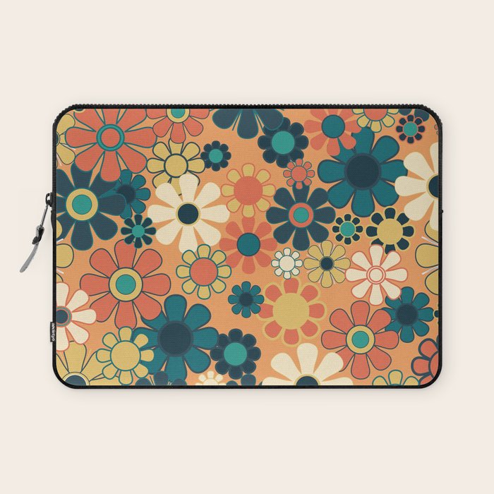 Pretty Groovy Retro Garden 60s 70s Aesthetic Floral Pattern in 1970s Orange Teal Blue and Yellow Laptop Sleeve Gallery Image 1