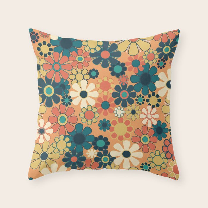 Pretty Groovy Retro Garden 60s 70s Aesthetic Floral Pattern in 1970s Orange Teal Blue and Yellow Throw Pillow Gallery Image 6