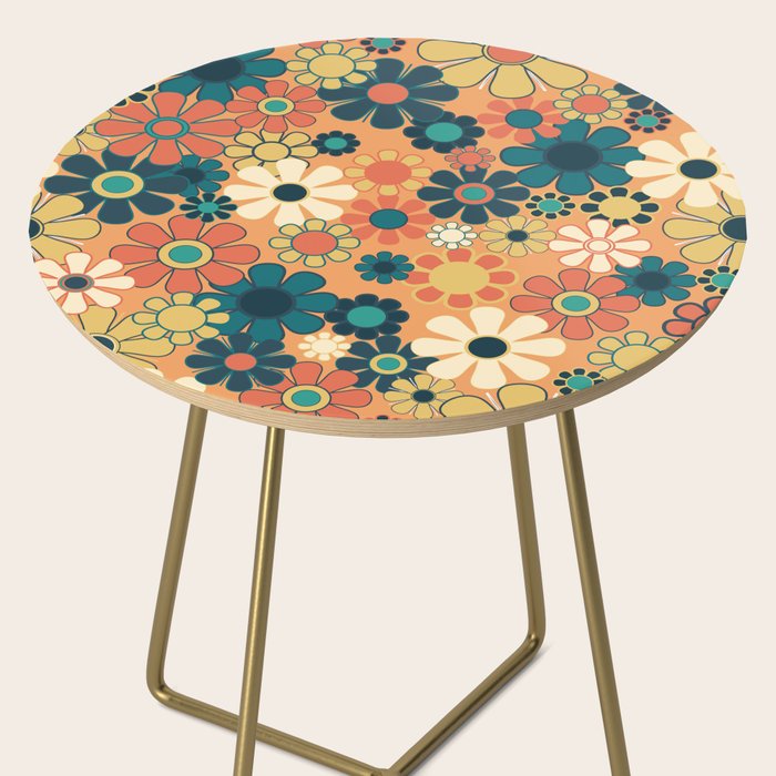 Pretty Groovy Retro Garden 60s 70s Aesthetic Floral Pattern in 1970s Orange Teal Blue and Yellow Side Table Gallery Image 2