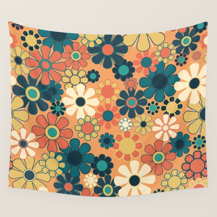 Pretty Groovy Retro Garden 60s 70s Aesthetic Floral Pattern in 1970s Orange Teal Blue and Yellow Wall Tapestry Gallery Image 1