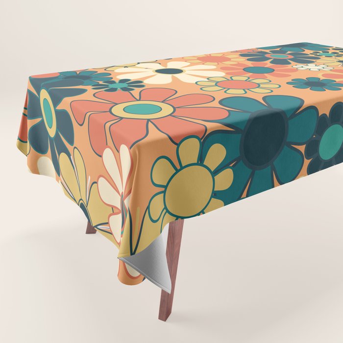 Pretty Groovy Retro Garden 60s 70s Aesthetic Floral Pattern in 1970s Orange Teal Blue and Yellow Tablecloth Gallery Image 1