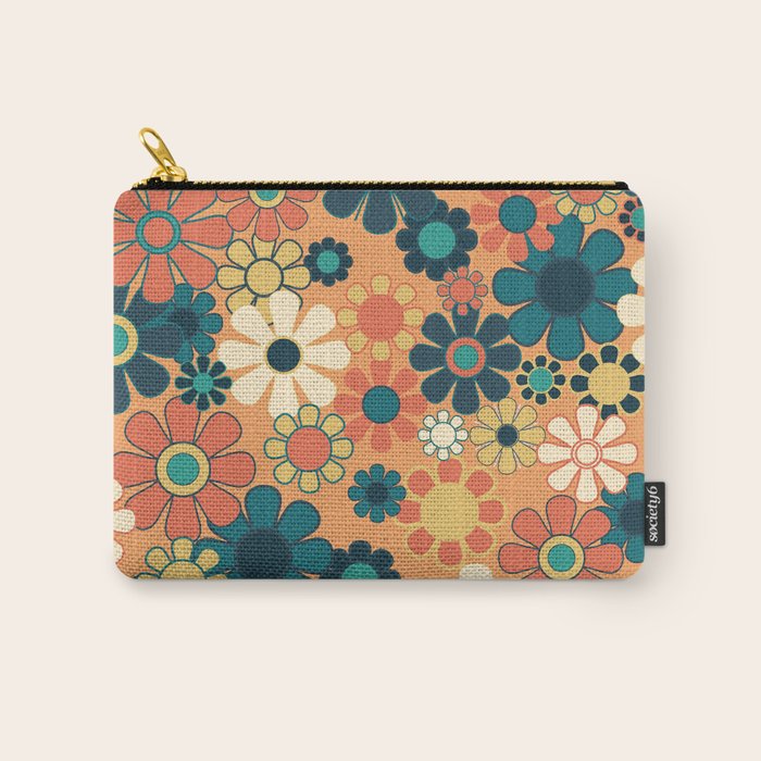 Pretty Groovy Retro Garden 60s 70s Aesthetic Floral Pattern in 1970s Orange Teal Blue and Yellow Carry All Pouch Gallery Image 1