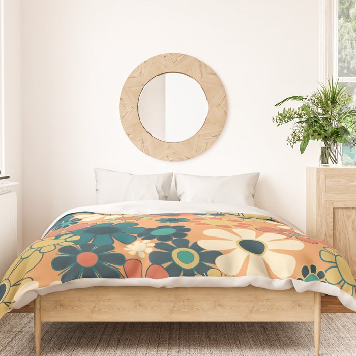 Pretty Groovy Retro Garden 60s 70s Aesthetic Floral Pattern in 1970s Orange Teal Blue and Yellow Duvet Cover Gallery Image 3