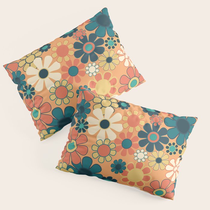 Pretty Groovy Retro Garden 60s 70s Aesthetic Floral Pattern in 1970s Orange Teal Blue and Yellow Pillow Sham Gallery Image 1