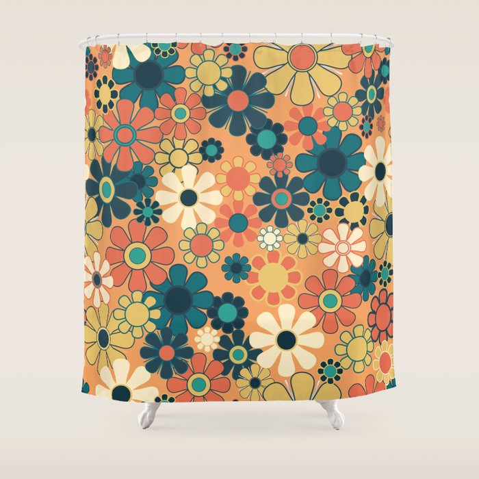 Pretty Groovy Retro Garden 60s 70s Aesthetic Floral Pattern in 1970s Orange Teal Blue and Yellow Shower Curtain Gallery Image 1