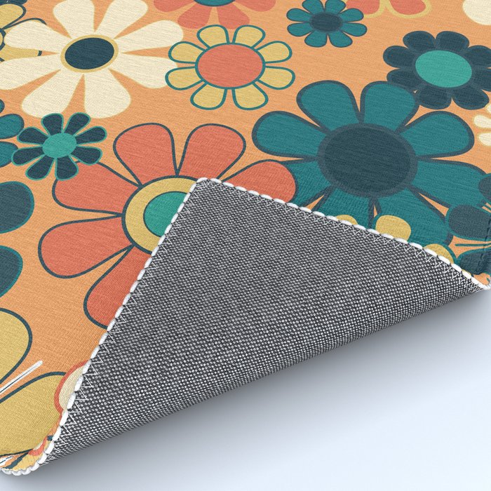 Pretty Groovy Retro Garden 60s 70s Aesthetic Floral Pattern in 1970s Orange Teal Blue and Yellow Rug Gallery Image 4