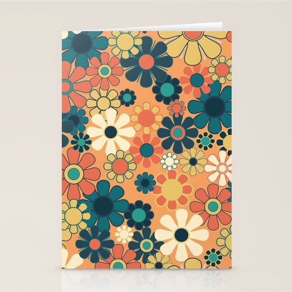 Pretty Groovy Retro Garden 60s 70s Aesthetic Floral Pattern in 1970s Orange Teal Blue and Yellow Stationery Card Gallery Image 2