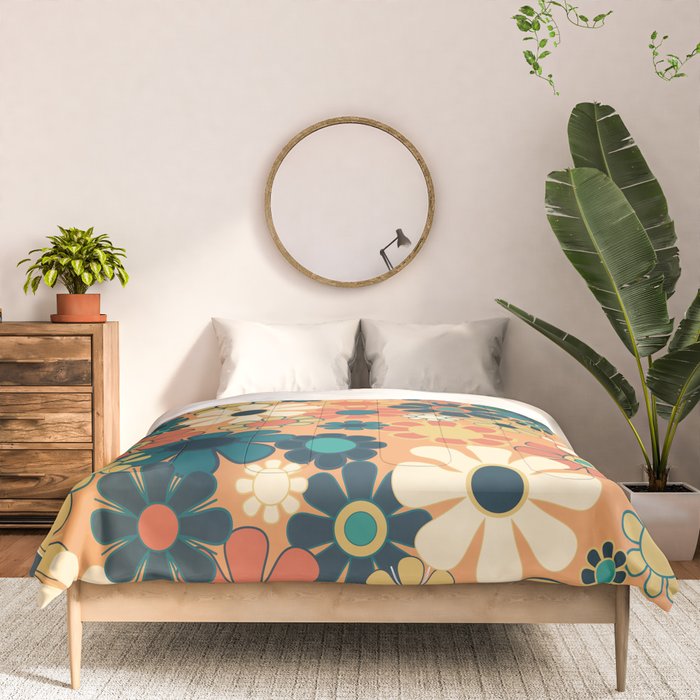 Pretty Groovy Retro Garden 60s 70s Aesthetic Floral Pattern in 1970s Orange Teal Blue and Yellow Comforter Gallery Image 3