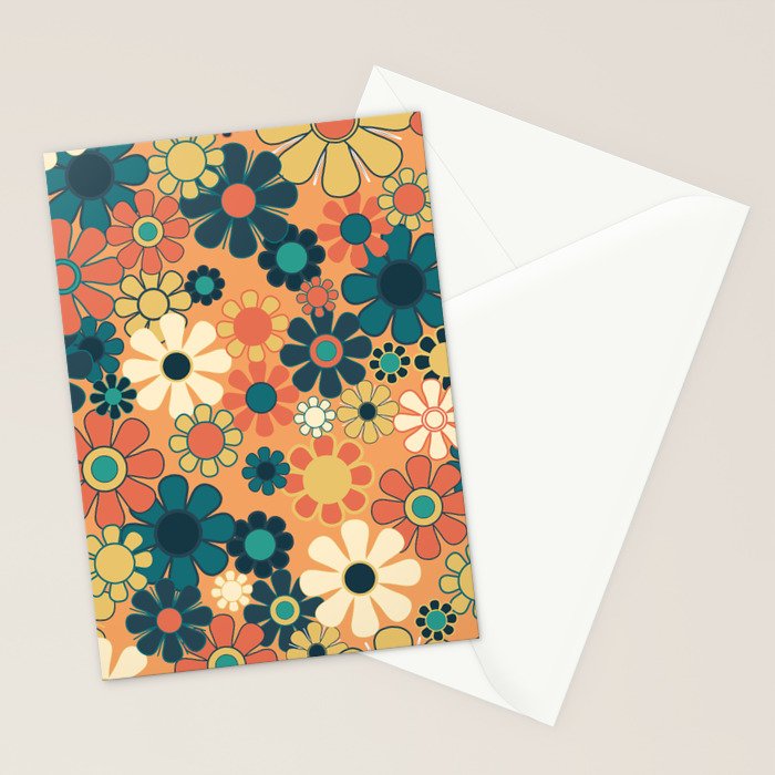 Pretty Groovy Retro Garden 60s 70s Aesthetic Floral Pattern in 1970s Orange Teal Blue and Yellow Stationery Card Gallery Image 2