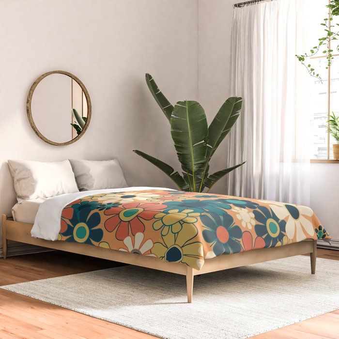 Pretty Groovy Retro Garden 60s 70s Aesthetic Floral Pattern in 1970s Orange Teal Blue and Yellow Comforter Gallery Image 2