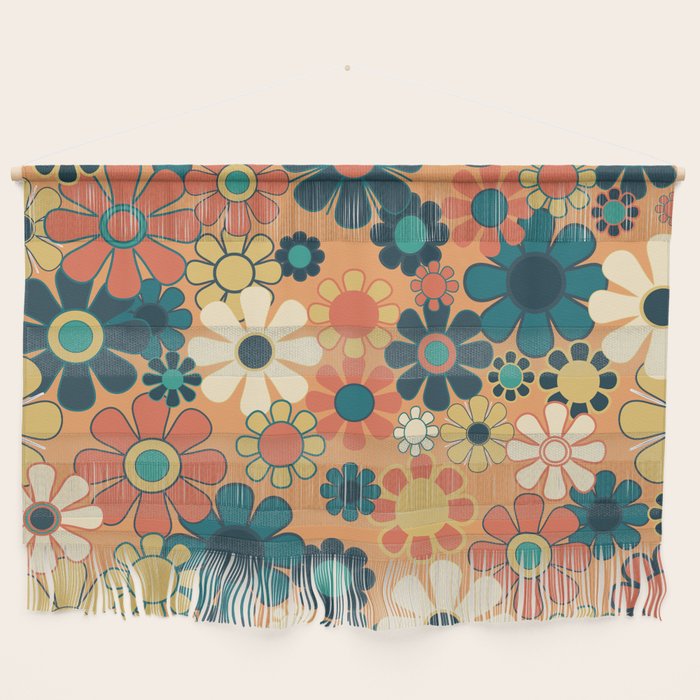 Pretty Groovy Retro Garden 60s 70s Aesthetic Floral Pattern in 1970s Orange Teal Blue and Yellow Wall Hanging Gallery Image 1