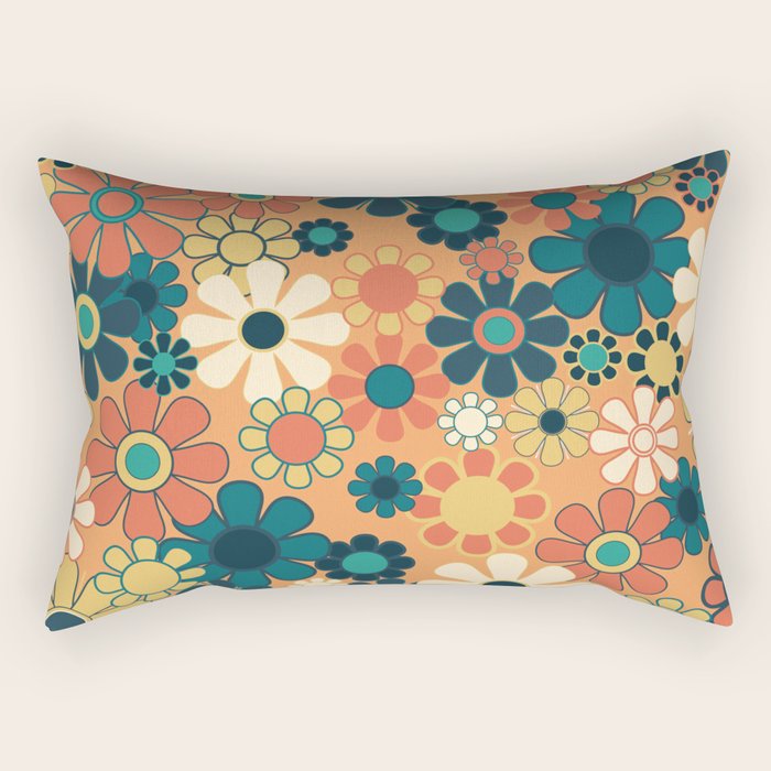 Pretty Groovy Retro Garden 60s 70s Aesthetic Floral Pattern in 1970s Orange Teal Blue and Yellow Rectangular Pillow Gallery Image 2