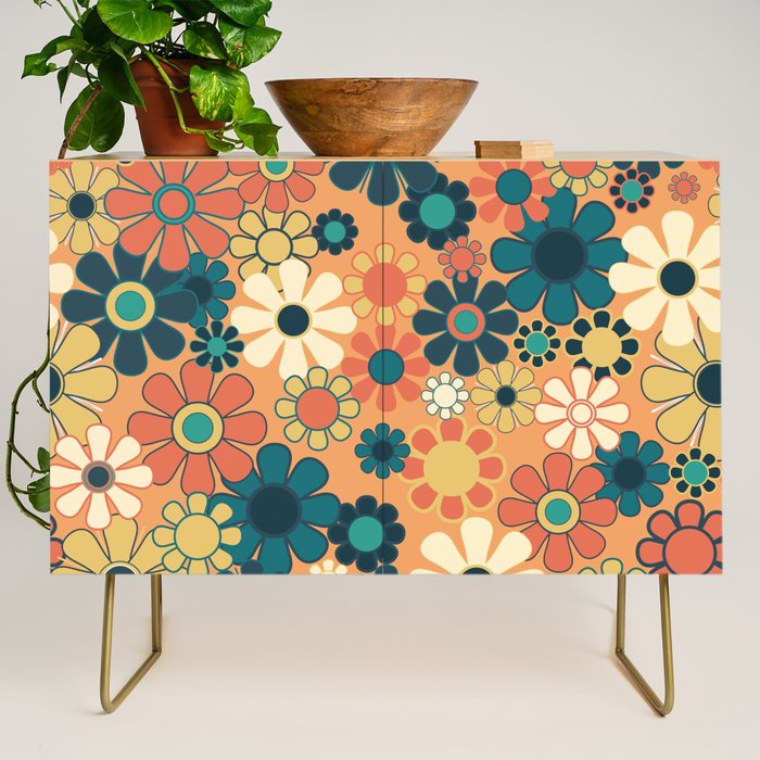 Pretty Groovy Retro Garden 60s 70s Aesthetic Floral Pattern in 1970s Orange Teal Blue and Yellow Credenza Gallery Image 1