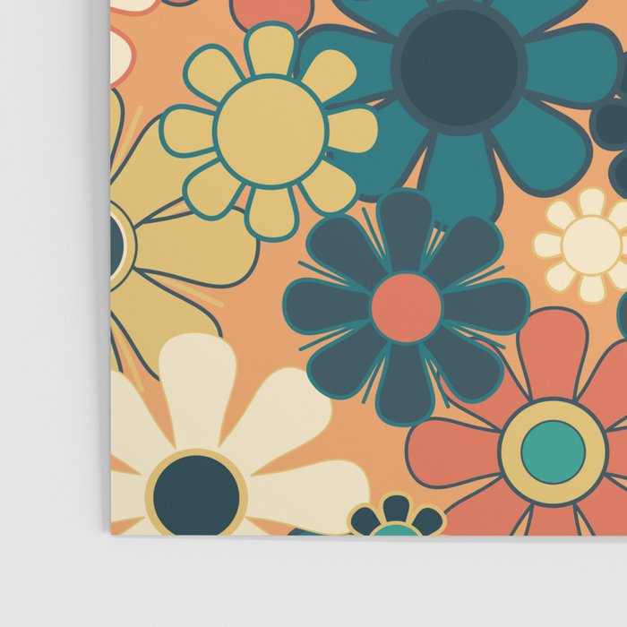 Pretty Groovy Retro Garden 60s 70s Aesthetic Floral Pattern in 1970s Orange Teal Blue and Yellow Poster Gallery Image 3