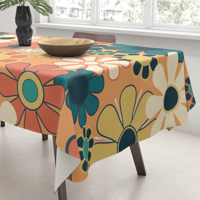 Pretty Groovy Retro Garden 60s 70s Aesthetic Floral Pattern in 1970s Orange Teal Blue and Yellow Tablecloth Gallery Image 3