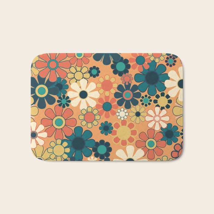 Pretty Groovy Retro Garden 60s 70s Aesthetic Floral Pattern in 1970s Orange Teal Blue and Yellow Bath Mat Gallery Image 1