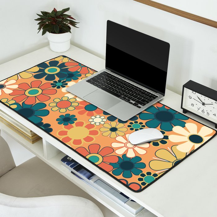 Pretty Groovy Retro Garden 60s 70s Aesthetic Floral Pattern in 1970s Orange Teal Blue and Yellow Desk Mat Gallery Image 2