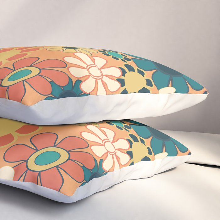 Pretty Groovy Retro Garden 60s 70s Aesthetic Floral Pattern in 1970s Orange Teal Blue and Yellow Pillow Sham Gallery Image 3
