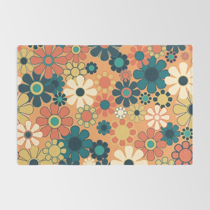 Pretty Groovy Retro Garden 60s 70s Aesthetic Floral Pattern in 1970s Orange Teal Blue and Yellow Rug Gallery Image 2