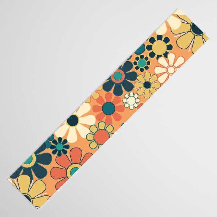 Pretty Groovy Retro Garden 60s 70s Aesthetic Floral Pattern in 1970s Orange Teal Blue and Yellow Table Runner Gallery Image 3
