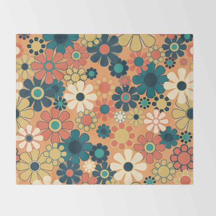 Pretty Groovy Retro Garden 60s 70s Aesthetic Floral Pattern in 1970s Orange Teal Blue and Yellow Throw Blanket Gallery Image 2