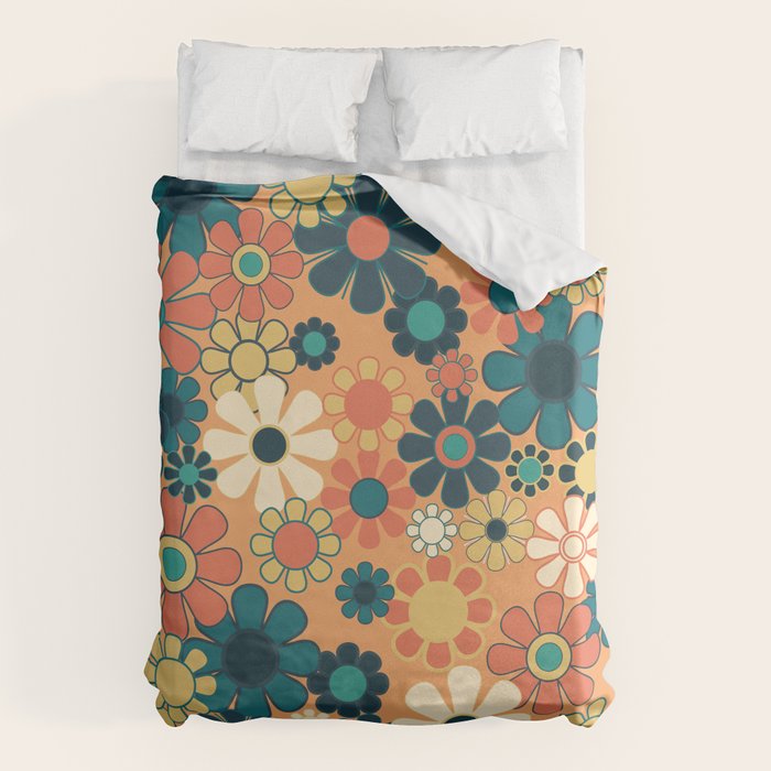 Pretty Groovy Retro Garden 60s 70s Aesthetic Floral Pattern in 1970s Orange Teal Blue and Yellow Duvet Cover Gallery Image 6