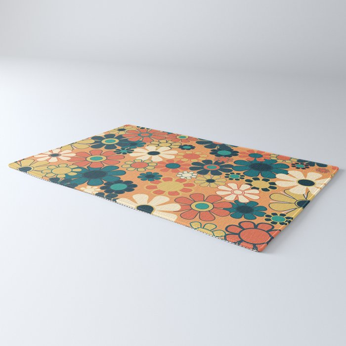 Pretty Groovy Retro Garden 60s 70s Aesthetic Floral Pattern in 1970s Orange Teal Blue and Yellow Rug Gallery Image 3
