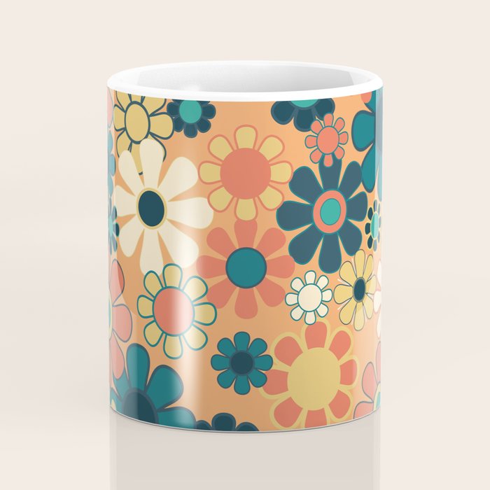 Pretty Groovy Retro Garden 60s 70s Aesthetic Floral Pattern in 1970s Orange Teal Blue and Yellow Coffee Mug Gallery Image 4