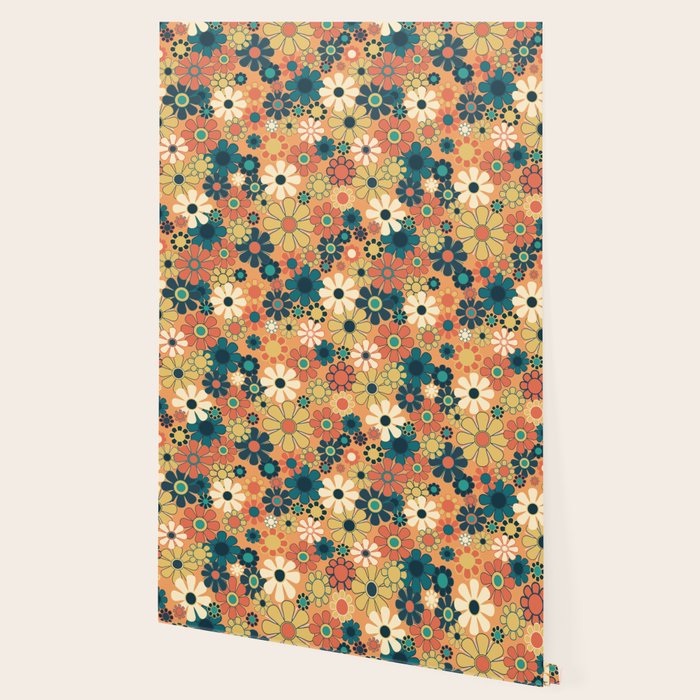 Pretty Groovy Retro Garden 60s 70s Aesthetic Floral Pattern in 1970s Orange Teal Blue and Yellow Wallpaper Gallery Image 2