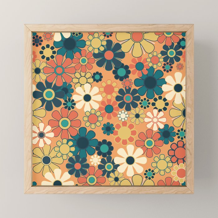 Pretty Groovy Retro Garden 60s 70s Aesthetic Floral Pattern in 1970s Orange Teal Blue and Yellow Mini Art Print Gallery Image 1